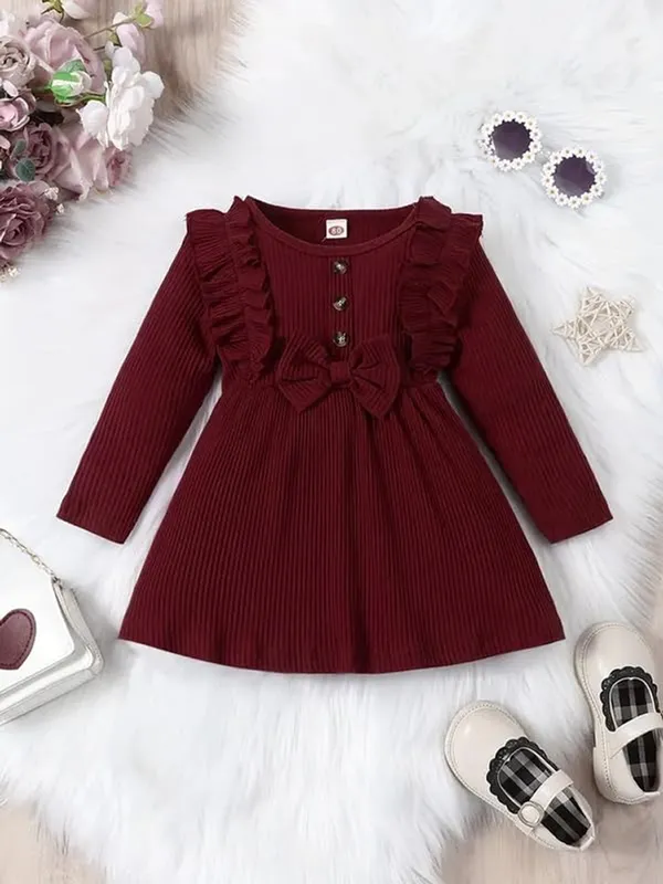 Maroon_Black_Ribbed_Ruffle_Bow_Baby_Girl_Dress_&_Frock_Outfit_For_Special_Occasions