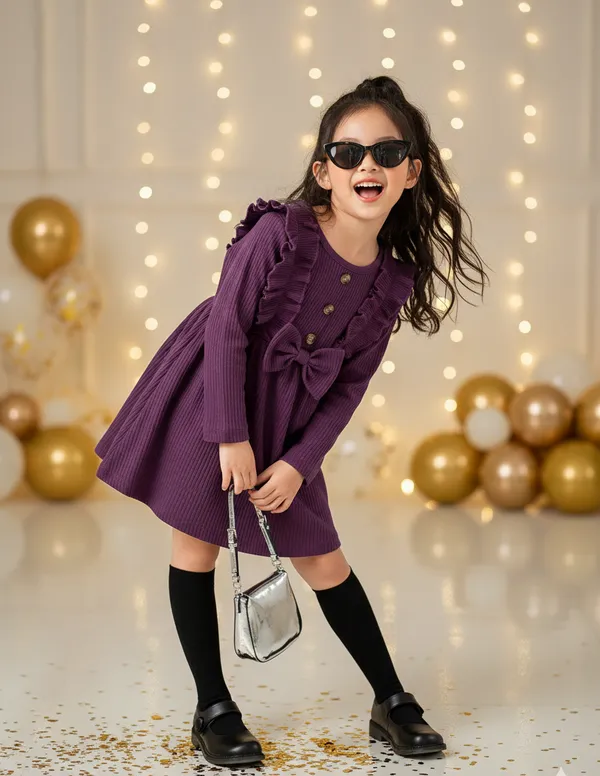 Wine_Black_Ribbed_Ruffle_Bow_Baby_Girl_Dress_&_Frock_Outfit_For_Special_Occasions