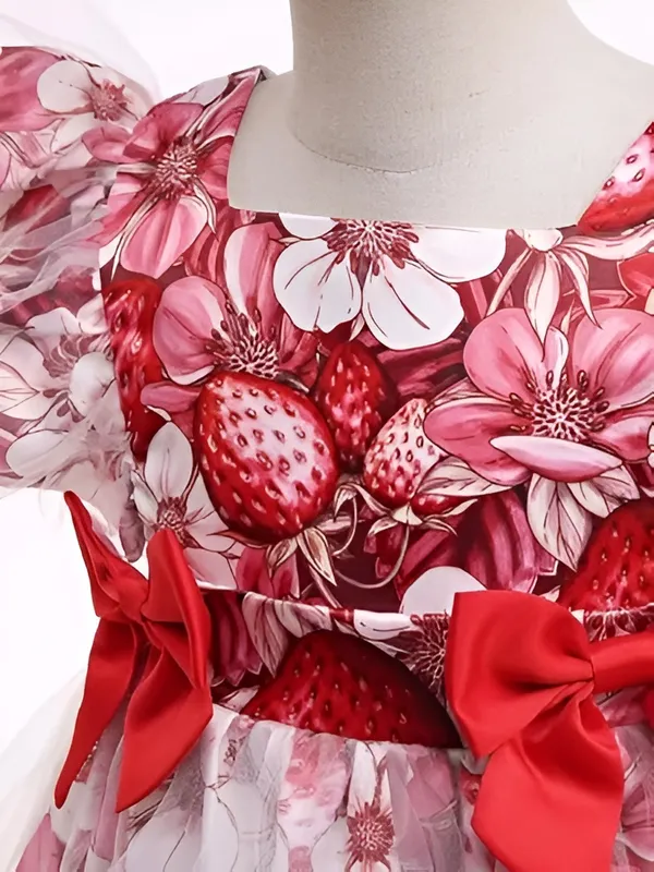 Multicolor_Marron_Whimsical_Strawberry_Floral_Printed_Baby_Frock_With_Ruffled_Sleeves_&_Fancy_Cut_Dress_For_Girls