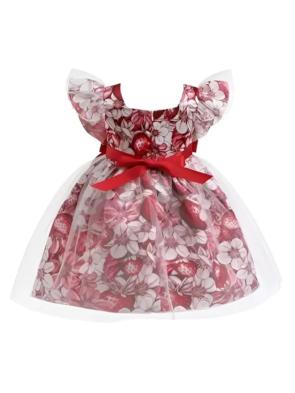 Multicolor_Marron_Whimsical_Strawberry_Floral_Printed_Baby_Frock_With_Ruffled_Sleeves_&_Fancy_Cut_Dress_For_Girls