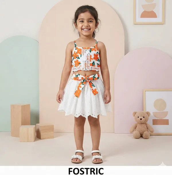 Orange_&_White__Enchanting_Floral_Baby_Frock_Dress_Set_|_Trendy_Two-Piece_Outfit_With_Eyelet_Skirt_&_Bow_|_Adorable_&_Stylish_Kids_Wear_For_Little_Angels.