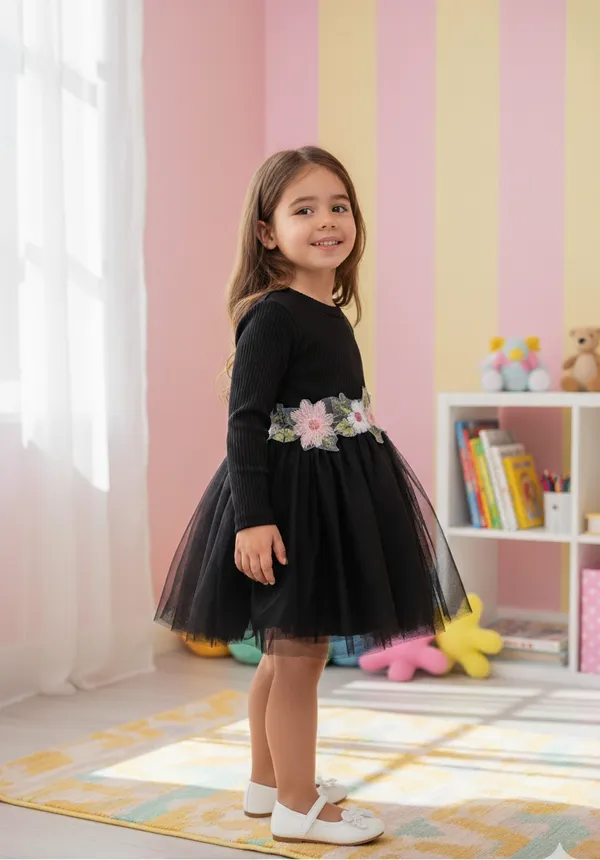 Black_Girls_Elegant_Embroidered_Net_Knee-Length_Fit_&_Flare_Dress_Frock_For_All_Occasions