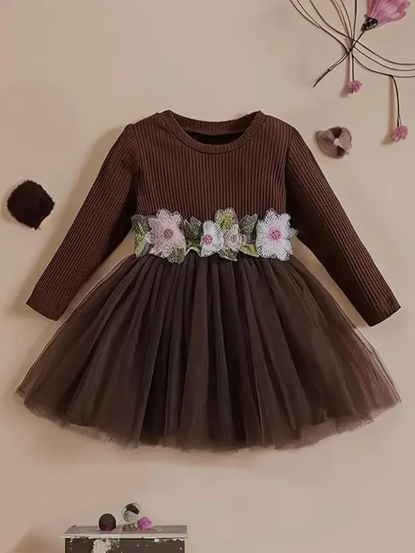 Dark_Brown_Girls_Elegant_Embroidered_Net_Knee-Length_Fit_&_Flare_Dress_Frock_For_All_Occasions