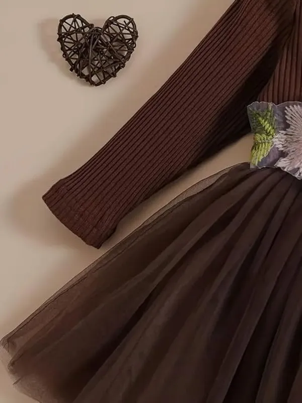 Dark_Brown_Girls_Elegant_Embroidered_Net_Knee-Length_Fit_&_Flare_Dress_Frock_For_All_Occasions