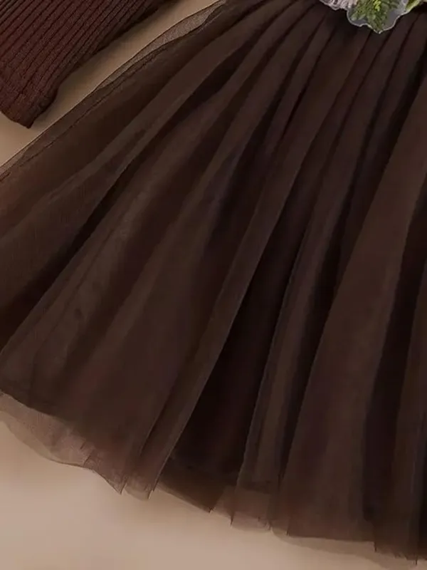 Dark_Brown_Girls_Elegant_Embroidered_Net_Knee-Length_Fit_&_Flare_Dress_Frock_For_All_Occasions