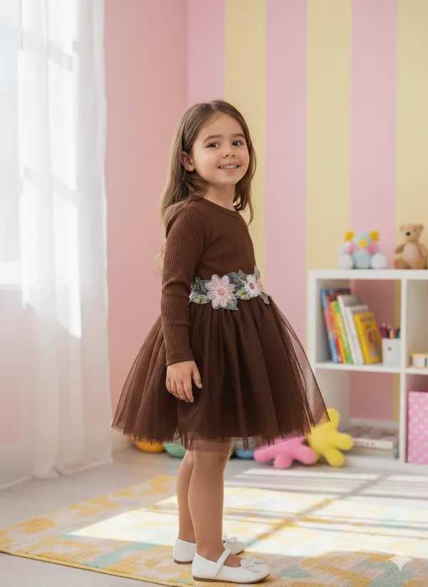 Dark_Brown_Girls_Elegant_Embroidered_Net_Knee-Length_Fit_&_Flare_Dress_Frock_For_All_Occasions