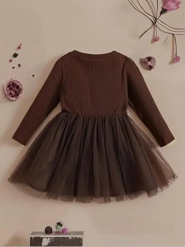 Dark_Brown_Girls_Elegant_Embroidered_Net_Knee-Length_Fit_&_Flare_Dress_Frock_For_All_Occasions