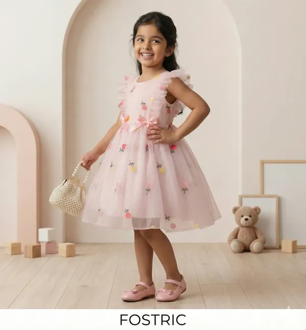Pink_Girls_Adorable_Puff_Sleeve_Party_Dress_&_Frock_Printed_Knee-Length_Style