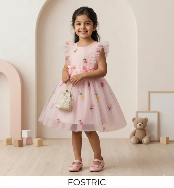 Pink_Girls_Adorable_Puff_Sleeve_Party_Dress_&_Frock_Printed_Knee-Length_Style