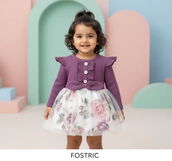 Wine_Honey_Baby_Girls_Floral_Dress_&_Frock_-_Long_Sleeve_Ribbed_Top_A-Line_Knee-Length_Outfit
