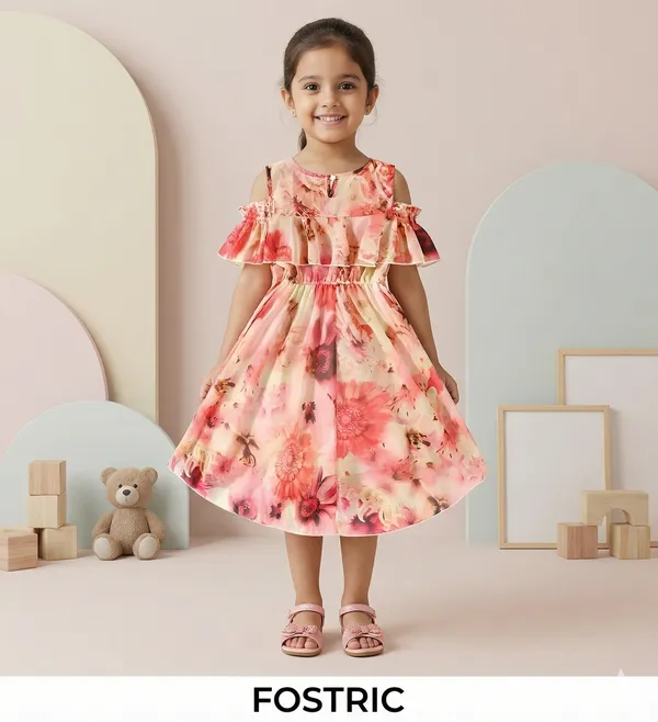 Multicolor_Fancy_Sleeve_Floral_Printed_Layered_Baby_Girl_Frock_&_Dress_For_Parties