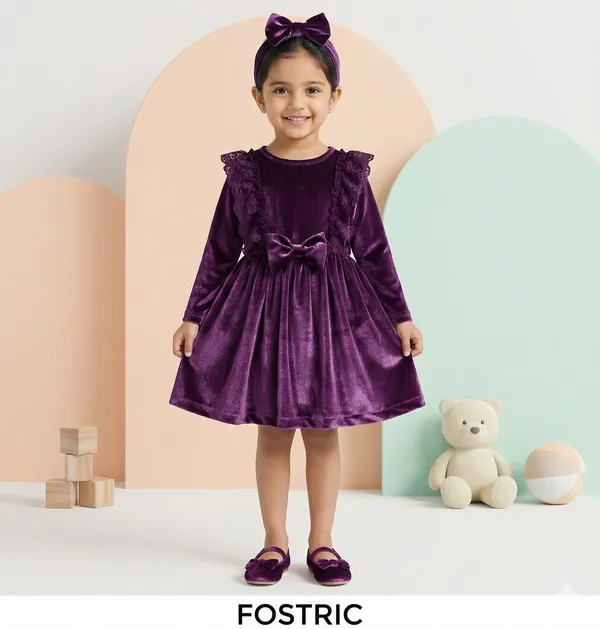 Girls_Purple_Velvet_Ruffle_Dress_&_Frock_With_Headband,_Long_Sleeve_Party_Dress