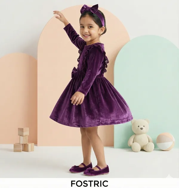 Girls_Purple_Velvet_Ruffle_Dress_&_Frock_With_Headband,_Long_Sleeve_Party_Dress