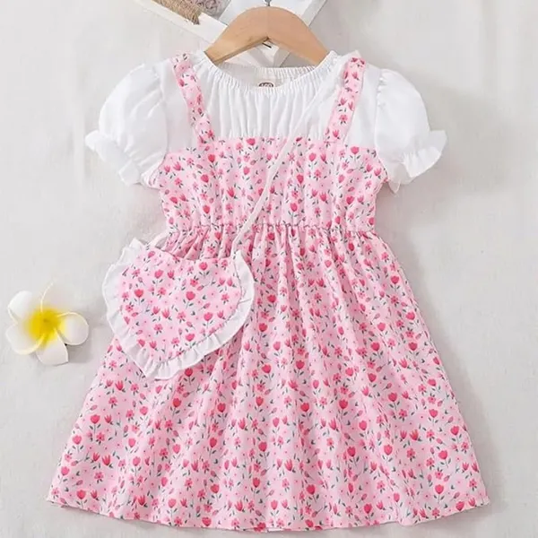 Pink_Adorable_Floral_Girl_Dress_&_Frock_With_Heart-Shaped_Purse_For_Kids