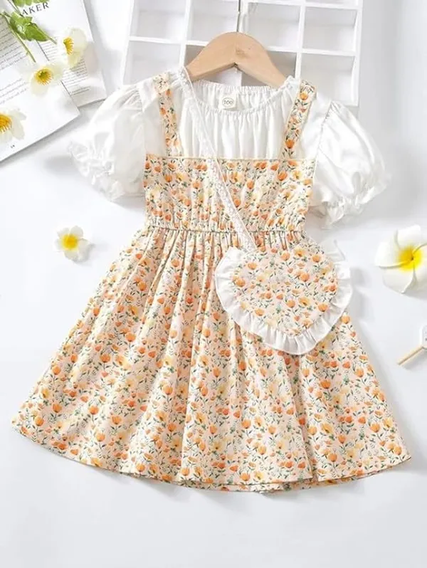Beige_Adorable_Floral_Girl_Dress_&_Frock_With_Heart-Shaped_Purse_For_Kids