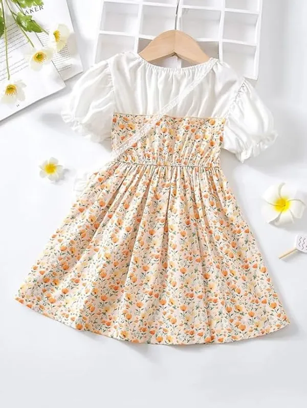 Beige_Adorable_Floral_Girl_Dress_&_Frock_With_Heart-Shaped_Purse_For_Kids