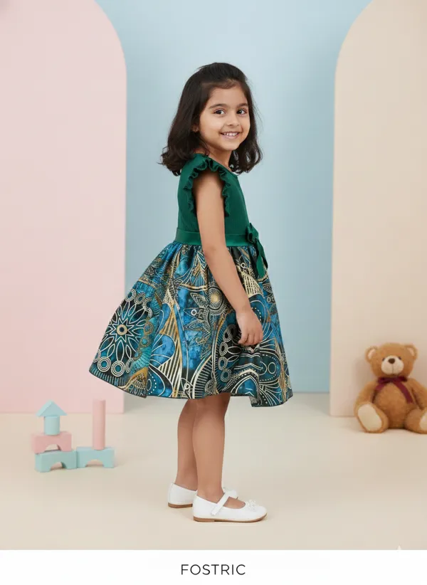 Green_Printed_Knee-Length_Puff_Sleeve_Girls_Party_Dress_&_Frock_-_Stylish_Round_Neck