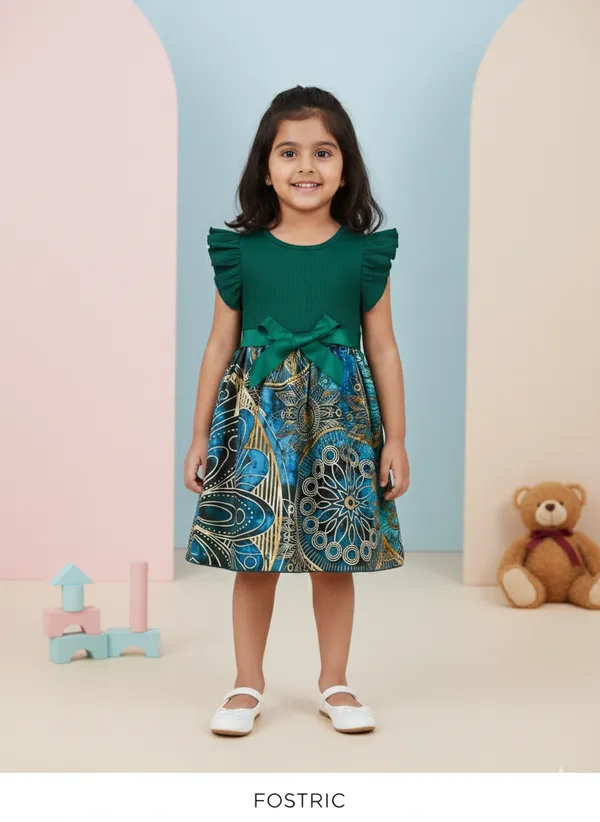 Green_Printed_Knee-Length_Puff_Sleeve_Girls_Party_Dress_&_Frock_-_Stylish_Round_Neck