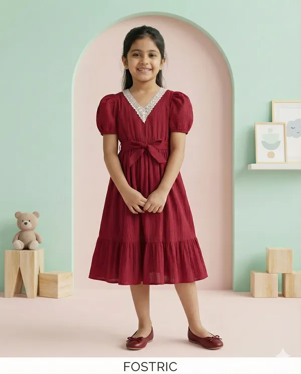 Girls_Maroon_Solid_Print_Cotton_Blend_Frock_Dress_Half_Sleeve_Calf_Length_V-Neck