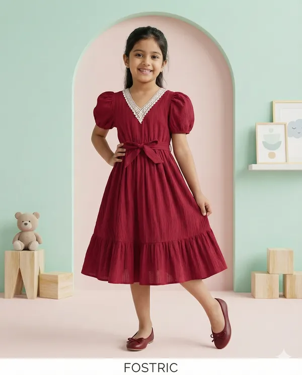 Girls_Maroon_Solid_Print_Cotton_Blend_Frock_Dress_Half_Sleeve_Calf_Length_V-Neck