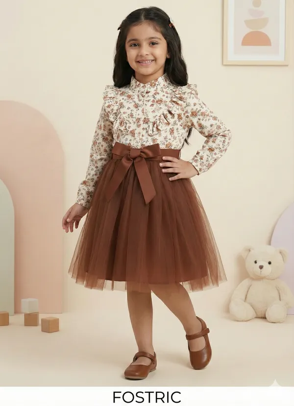 Brown_Girls_Cotton_Floral_A-Line_Dress_Frock_-_Knee_Length_Skirt_For_Festive_&_Party_Wear