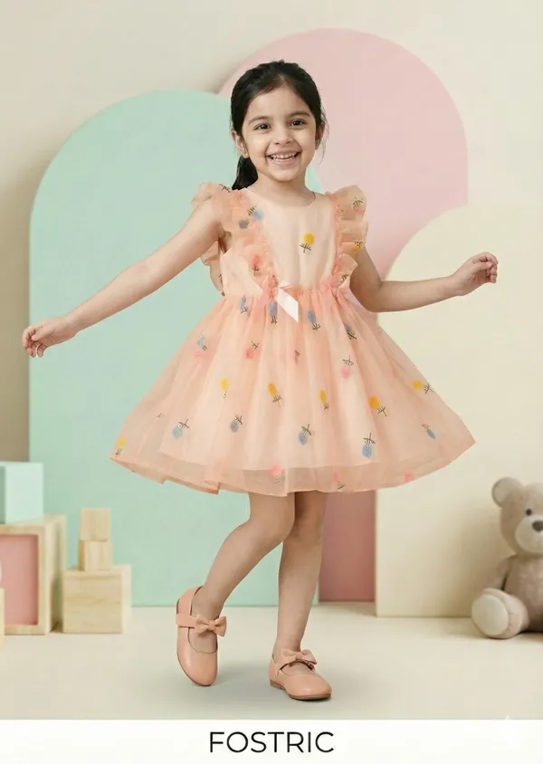 Peach_Girls_Adorable_Puff_Sleeve_Party_Dress_&_Frock_Printed_Knee-Length_Style