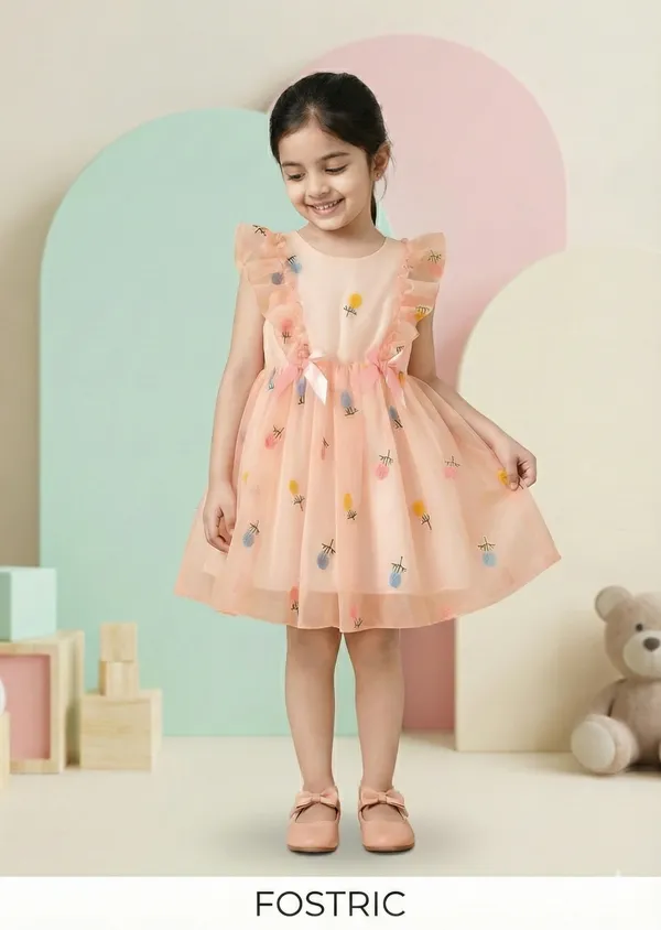 Peach_Girls_Adorable_Puff_Sleeve_Party_Dress_&_Frock_Printed_Knee-Length_Style