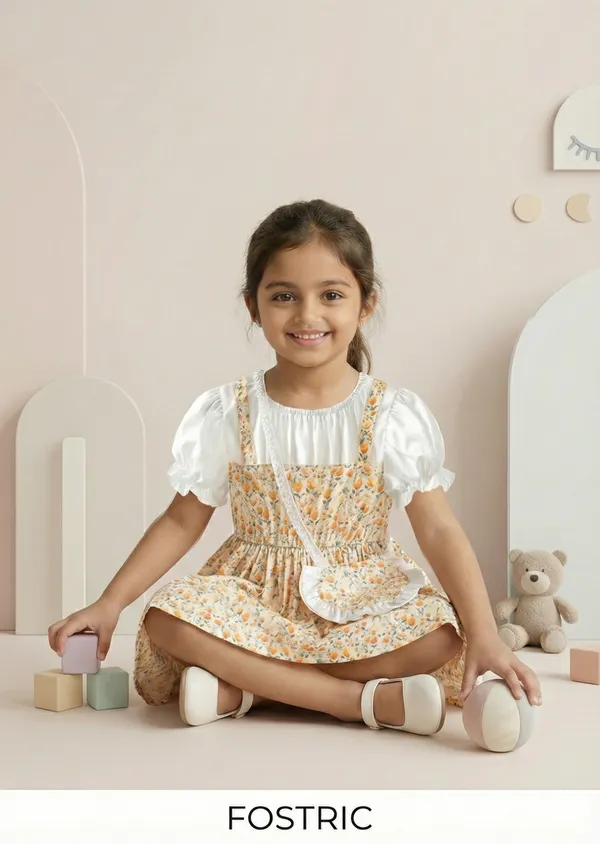 Beige_Adorable_Floral_Girl_Dress_&_Frock_With_Heart-Shaped_Purse_For_Kids