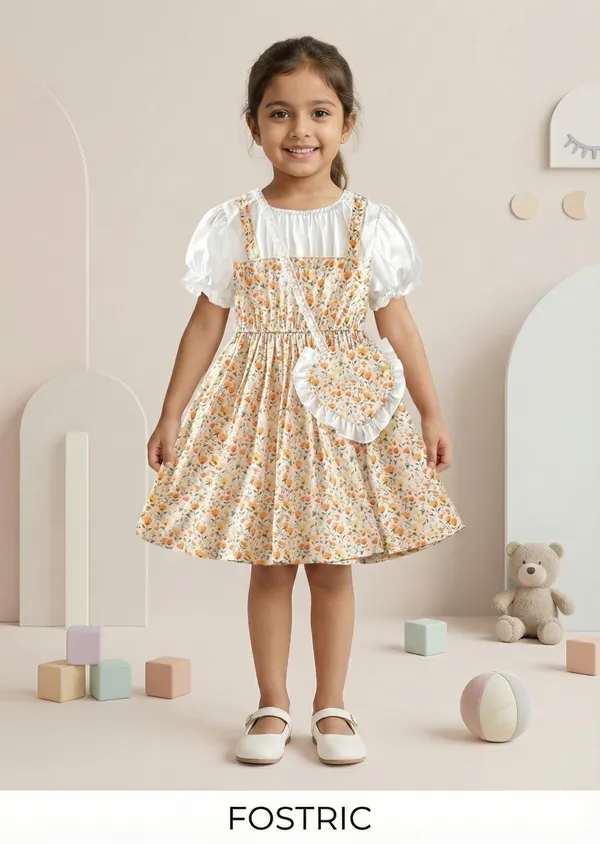 Beige_Adorable_Floral_Girl_Dress_&_Frock_With_Heart-Shaped_Purse_For_Kids