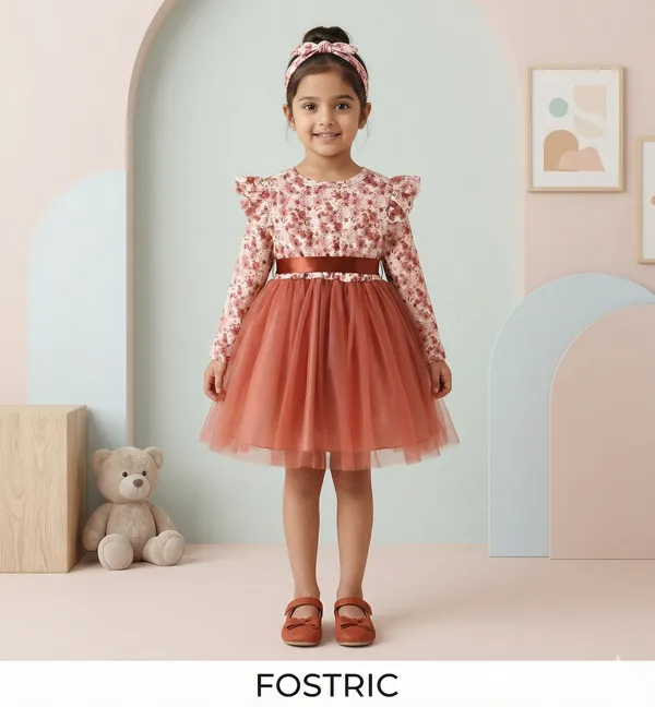 Brown_Radiant_Floral_Baby_Frock_&_Dress_A_Dazzling_Fit_And_Flare_Ensemble_For_Cherished_Celebrations_And_Special_Moments.