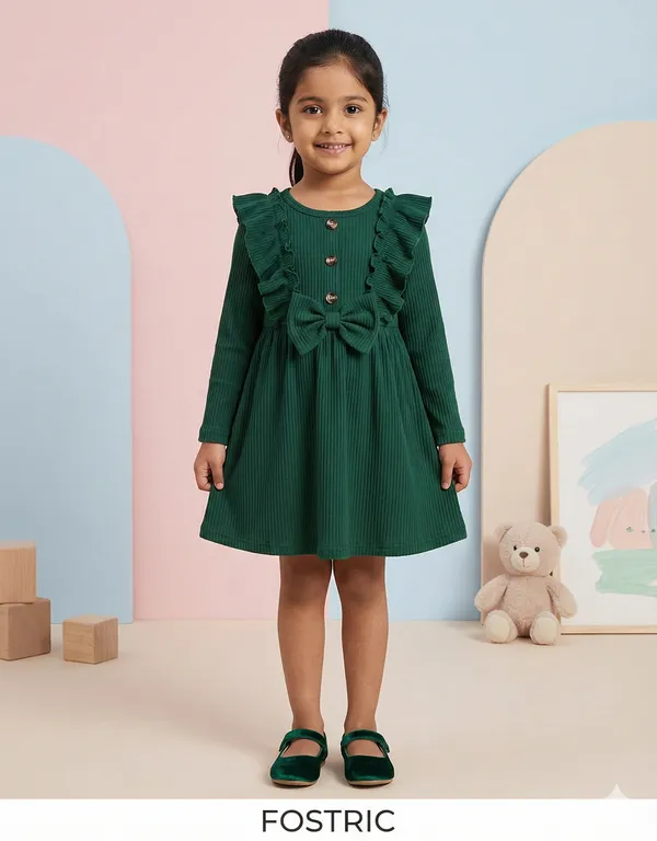 Green_Black_Ribbed_Ruffle_Bow_Baby_Girl_Dress_&_Frock_Outfit_For_Special_Occasions