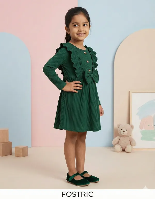 Green_Black_Ribbed_Ruffle_Bow_Baby_Girl_Dress_&_Frock_Outfit_For_Special_Occasions