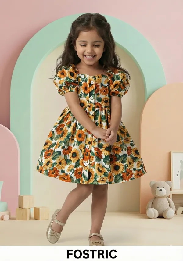 Multicolor_Girls_Cotton_Sunflower_Print_Puff_Sleeve_A-Line_Dress_&_Frock,_Square_Neck_Knee-Length.