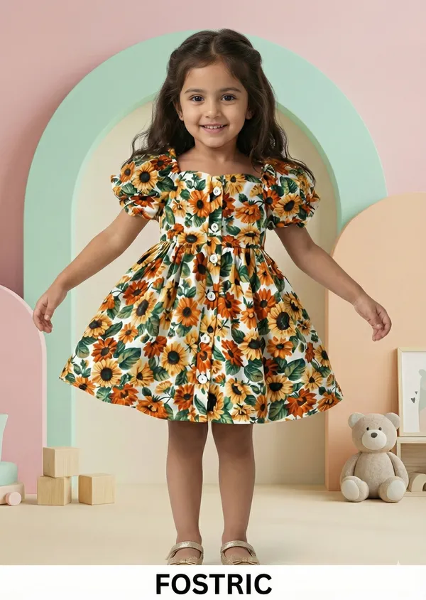 Multicolor_Girls_Cotton_Sunflower_Print_Puff_Sleeve_A-Line_Dress_&_Frock,_Square_Neck_Knee-Length.