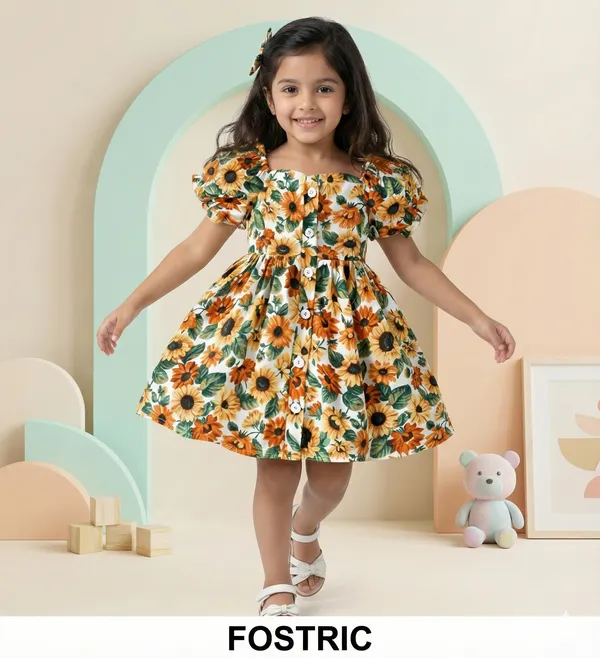 Multicolor_Girls_Cotton_Sunflower_Print_Puff_Sleeve_A-Line_Dress_&_Frock,_Square_Neck_Knee-Length.