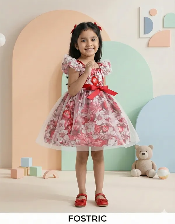 Multicolor_Marron_Whimsical_Strawberry_Floral_Printed_Baby_Frock_With_Ruffled_Sleeves_&_Fancy_Cut_Dress_For_Girls