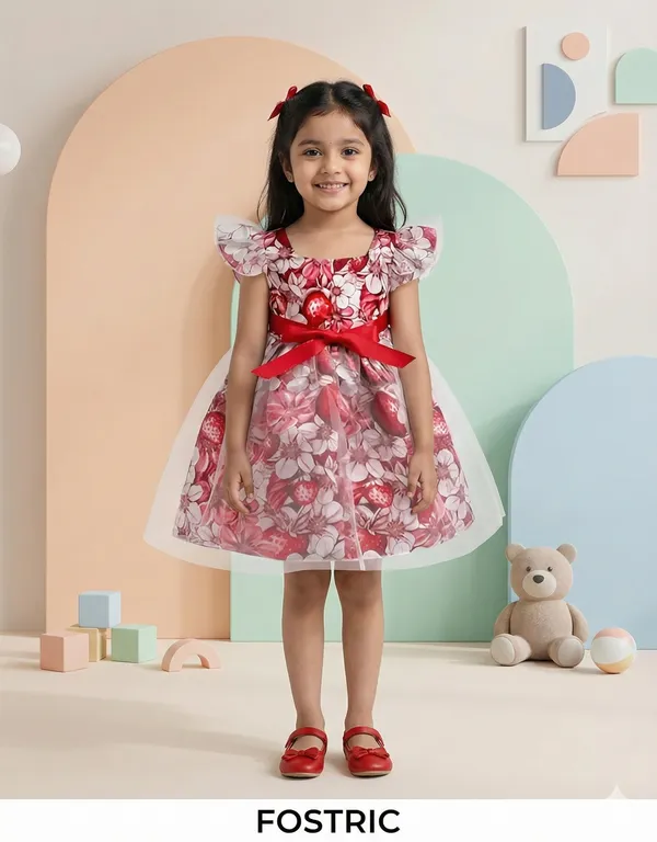 Multicolor_Marron_Whimsical_Strawberry_Floral_Printed_Baby_Frock_With_Ruffled_Sleeves_&_Fancy_Cut_Dress_For_Girls