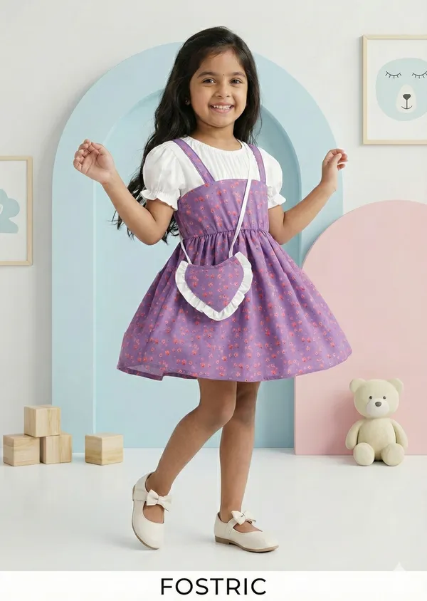 Purple_Adorable_Floral_Girl_Dress_&_Frock_With_Heart-Shaped_Purse_For_Kids