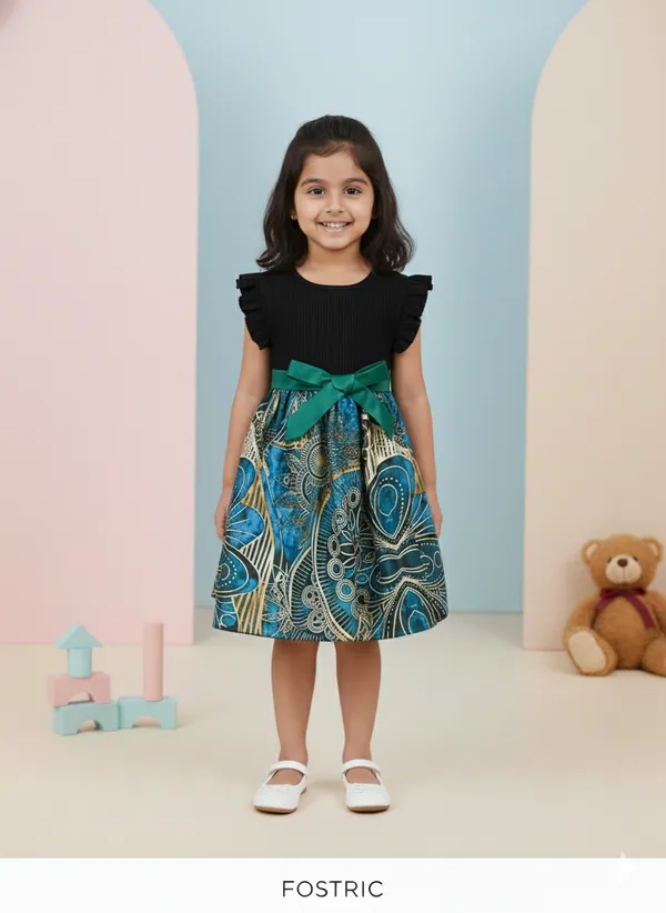 Black_Printed_Knee-Length_Puff_Sleeve_Girls_Party_Dress_&_Frock_-_Stylish_Round_Neck
