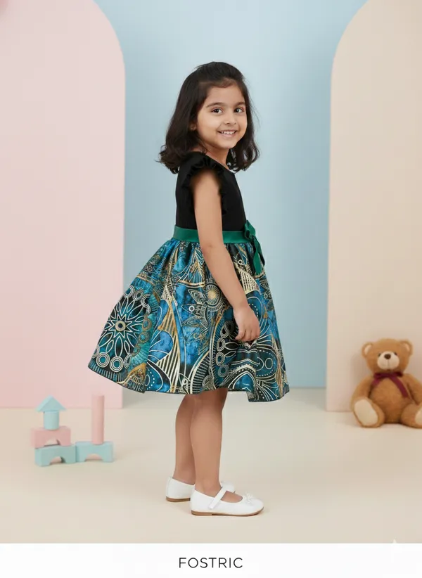 Black_Printed_Knee-Length_Puff_Sleeve_Girls_Party_Dress_&_Frock_-_Stylish_Round_Neck