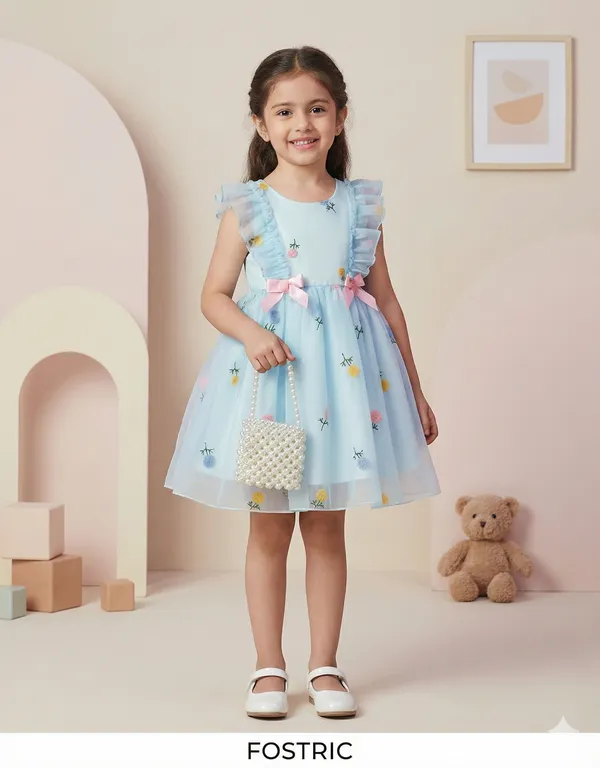 Blue_Girls_Adorable_Puff_Sleeve_Party_Dress_&_Frock_Printed_Knee-Length_Style