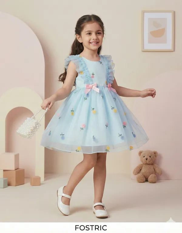 Blue_Girls_Adorable_Puff_Sleeve_Party_Dress_&_Frock_Printed_Knee-Length_Style