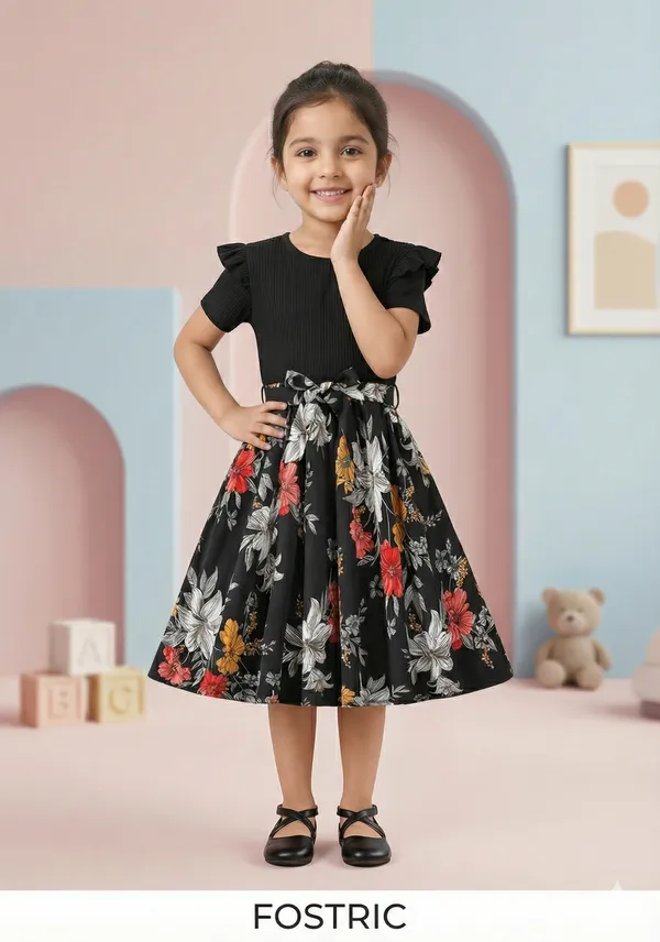 Black_Girls_Floral_Fit_&_Flare_Dress_In_Soft_Modal_Rayon_With_Digital_Print_Stylish_Black_Party_Wear