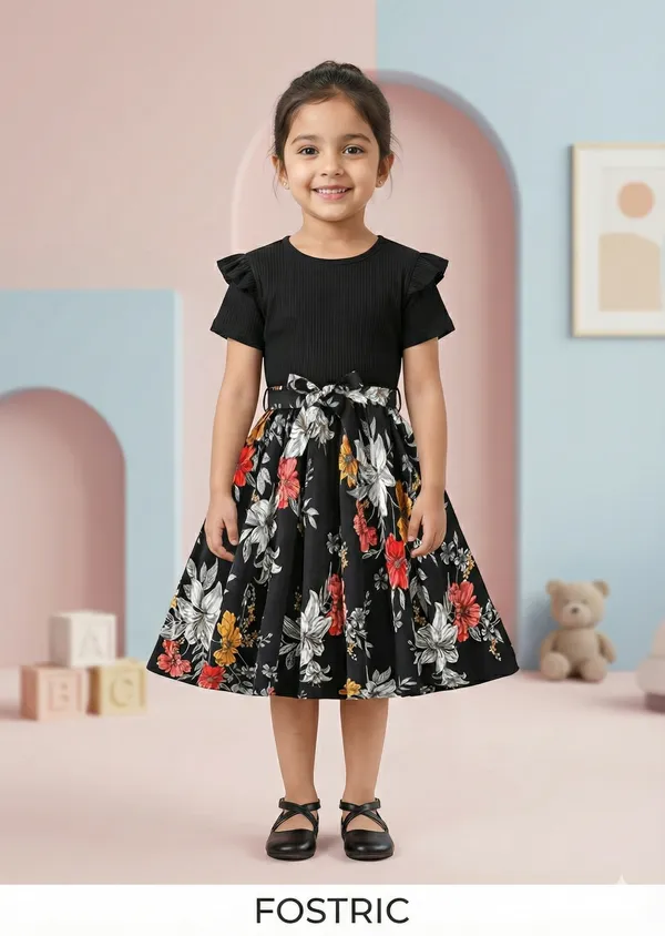 Black_Girls_Floral_Fit_&_Flare_Dress_In_Soft_Modal_Rayon_With_Digital_Print_Stylish_Black_Party_Wear