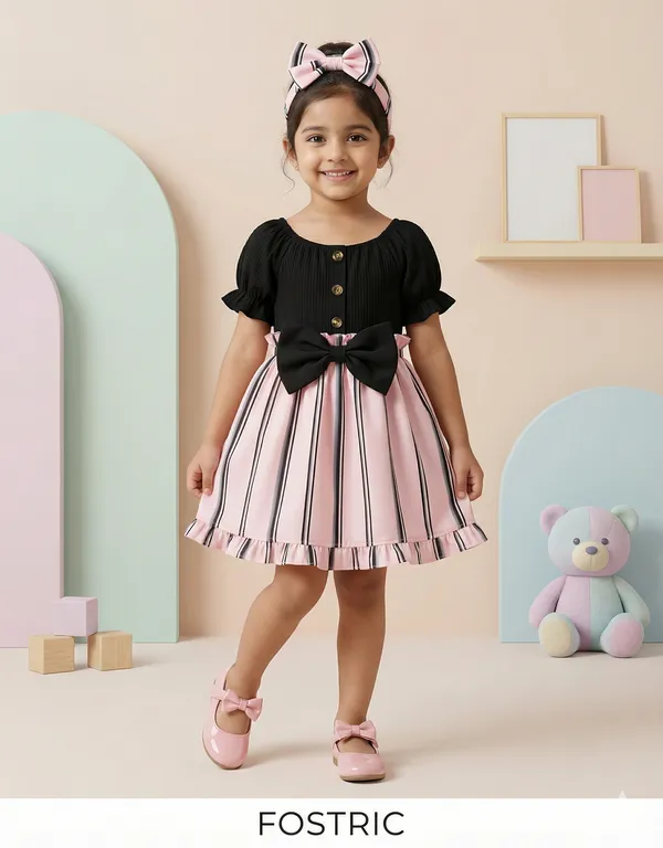 Black_Baby_Girls_Party_Wear_Dress_&_Frock_|_Elegant_Black_&_Pink_Striped_A-Line_Outfit