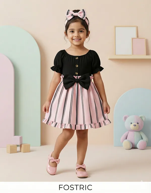 Black_Baby_Girls_Party_Wear_Dress_&_Frock_|_Elegant_Black_&_Pink_Striped_A-Line_Outfit