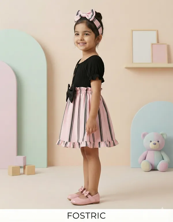 Black_Baby_Girls_Party_Wear_Dress_&_Frock_|_Elegant_Black_&_Pink_Striped_A-Line_Outfit