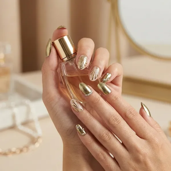 Golden_Chrome_With_Roses_Press_On_Artificial_Nails