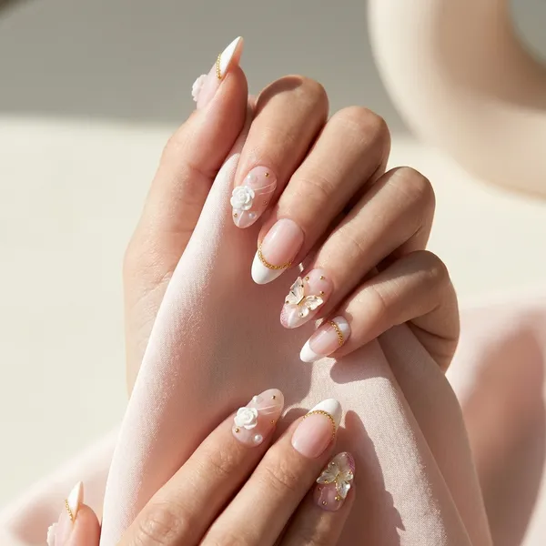 Nude_Floral_With_French_And_Shine_Press_On_Artificial_Nails