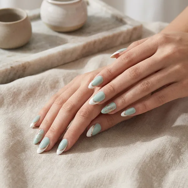 Turquoise_Pale_With_Flower_Press_On_Artificial_Nails